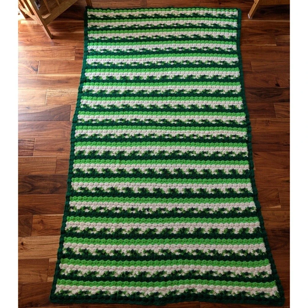 Handmade Green & White Striped Crochet Afghan Blanket 4.5'x7'